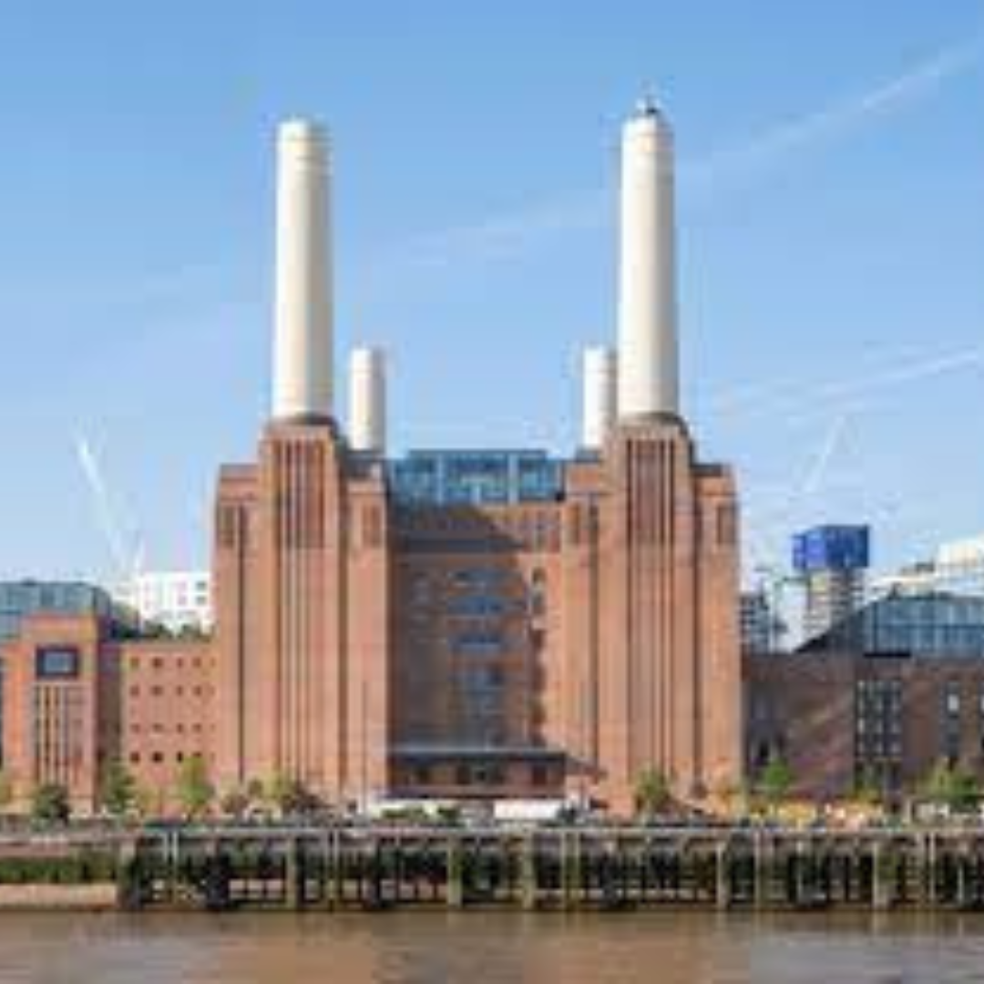 Battersea power station on a bright blue sky day, where you can complete an ambustum candle making workshop.